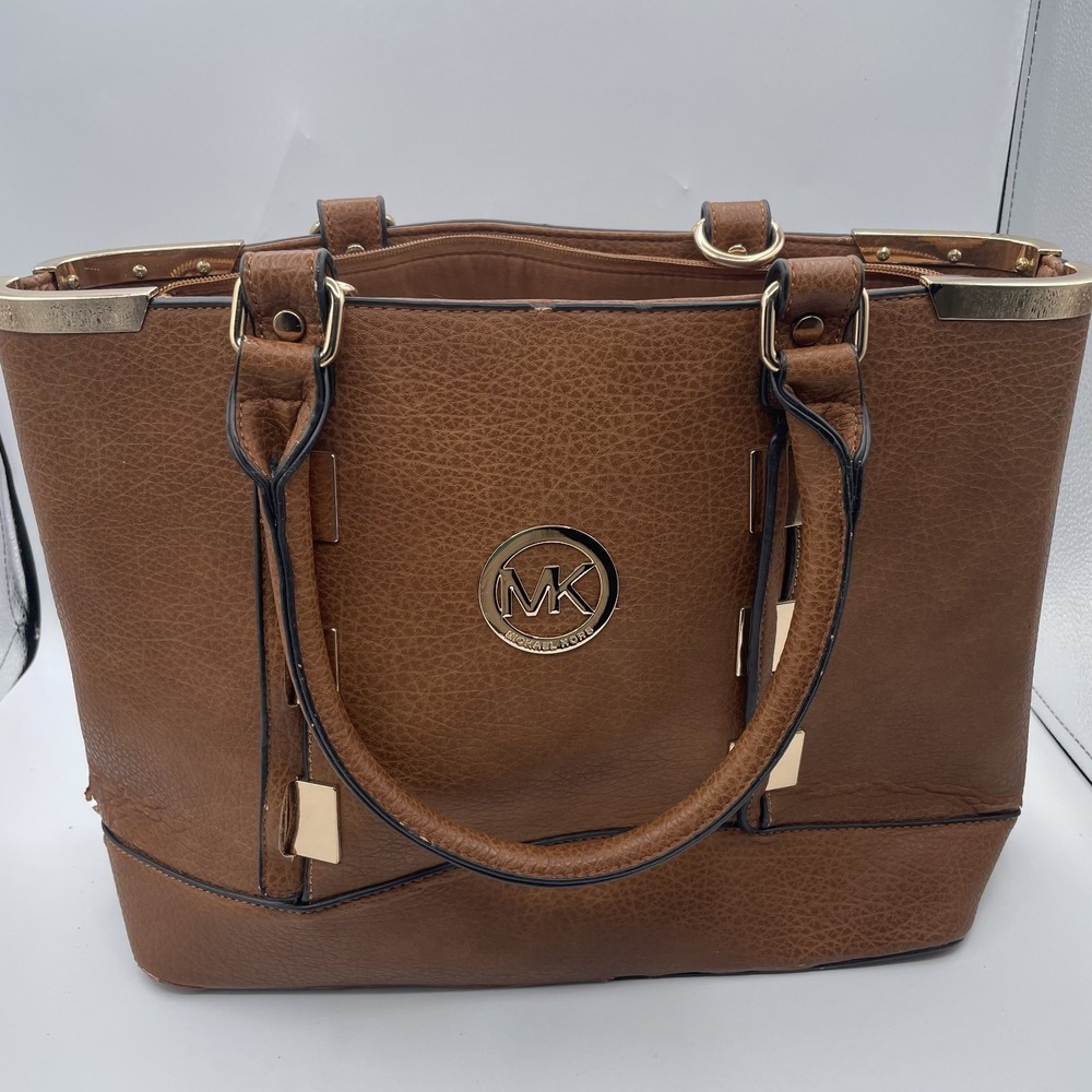 Michael Kors Tote Handbag Womens Brown Faux Leather Double Handle Shoulder Bag